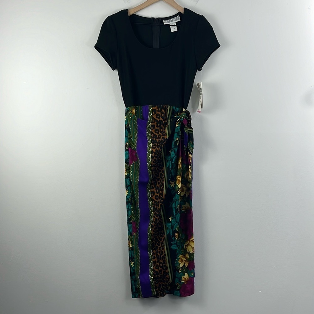 Jessica Howard Vintage Faux Wrap Tie Knot Mixed Pattern Scoop Neck Dress Size 4